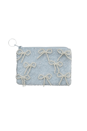 pearl coquette beaded bow zip pouch blue