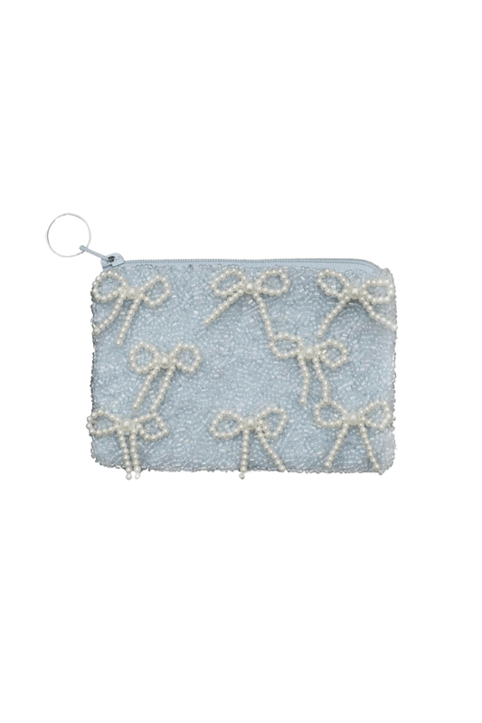 pearl coquette beaded bow zip pouch blue