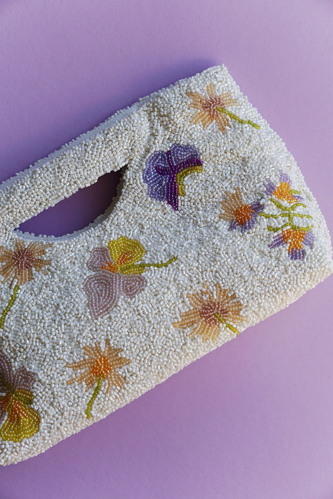 dried floral beaded clutch bag 100% handmade from wallflower