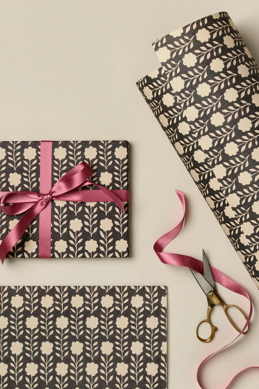 Floral wrapping paper in black and cream pattern from Wanderlust Paper Co - Shop gift wrap sheets on wallflower