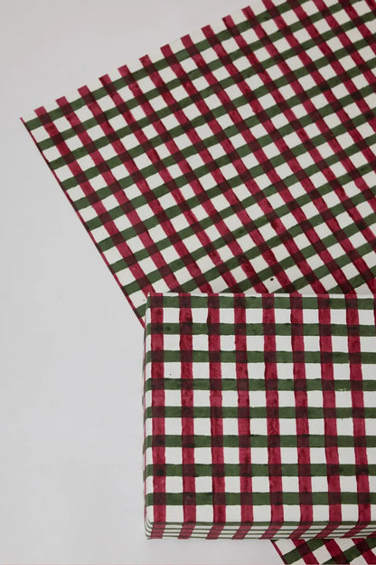 Green & Red Gingham Block Printed Christmas Holiday Wrapping Paper