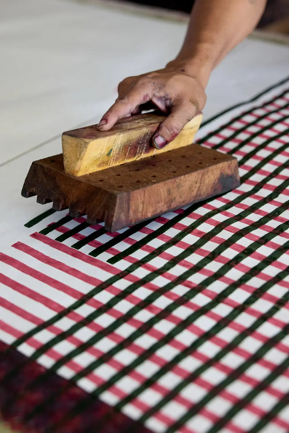 Process of making Green & Red Gingham Block Printed Holiday Wrapping Paper
