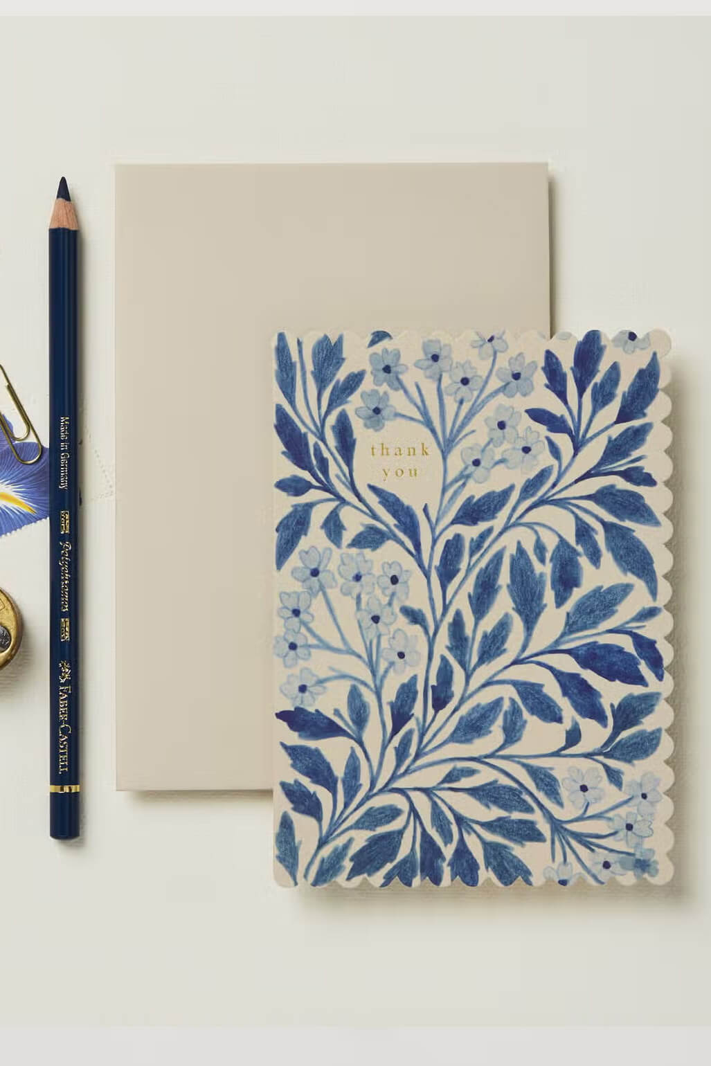 watercolor painted blue floral thank you card with scalloped edge, blank inside, by wanderlust paper co