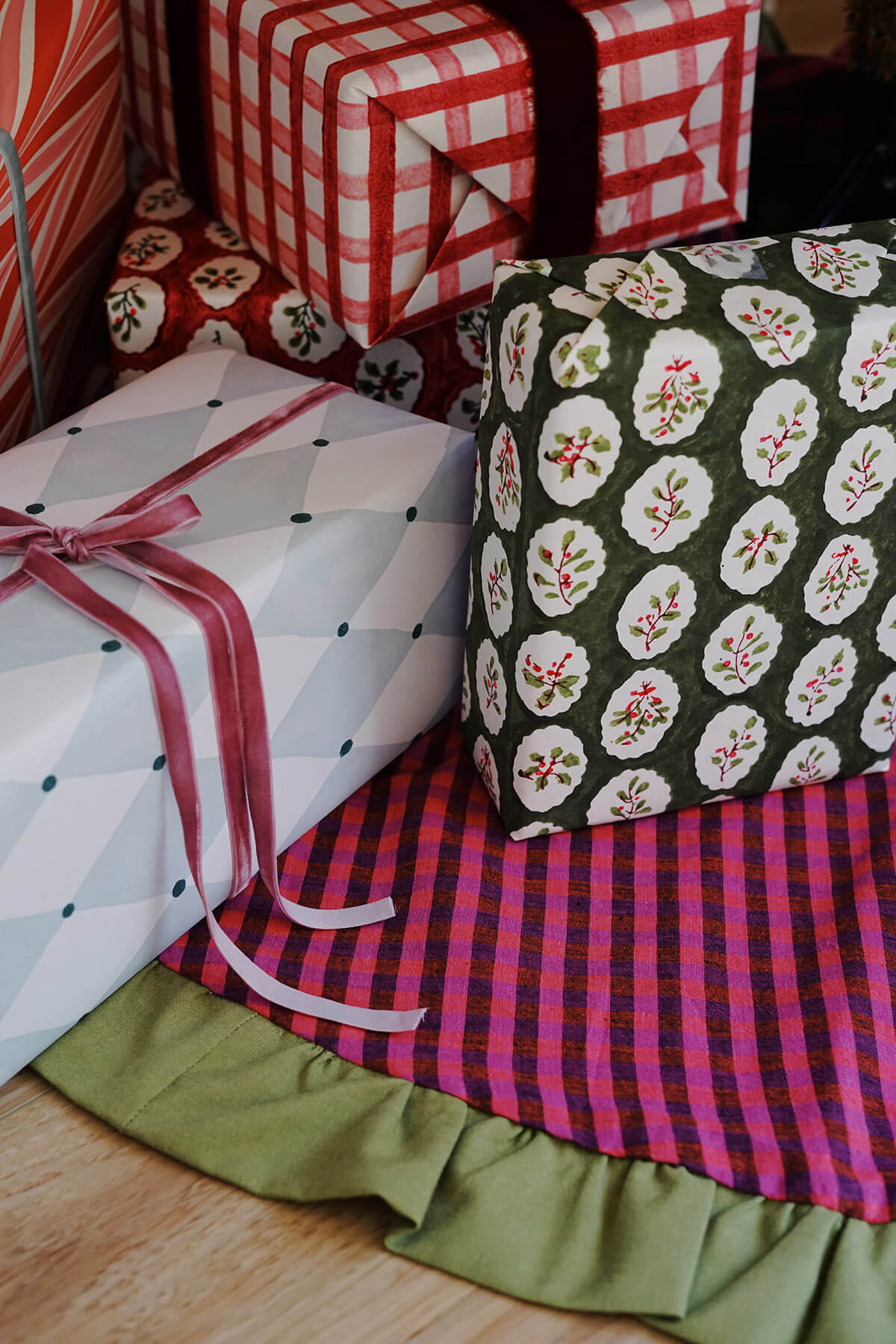 colorful tree skirt + illustrated holiday gift wrap ✿ shop unique christmas wrapping paper on wallflower