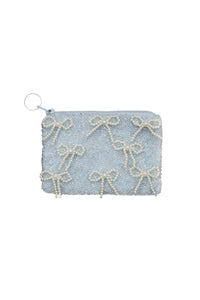 pearl coquette beaded bow zip pouch blue