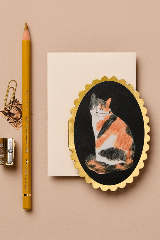 calico cat greeting card ✿ shop gold foil mini card by wanderlust paper from wallflower