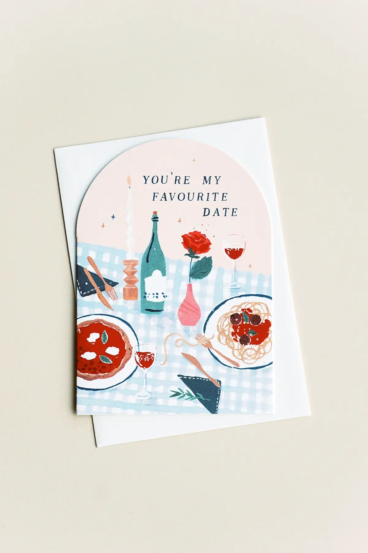 love card illustrated with pasta and wine date night