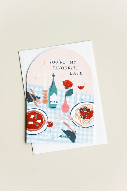 love card illustrated with pasta and wine date night