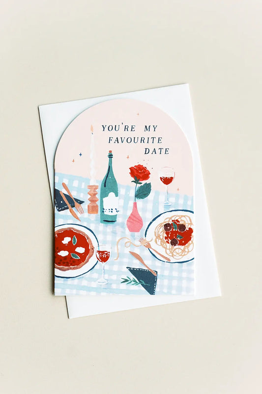 love card illustrated with pasta and wine date night