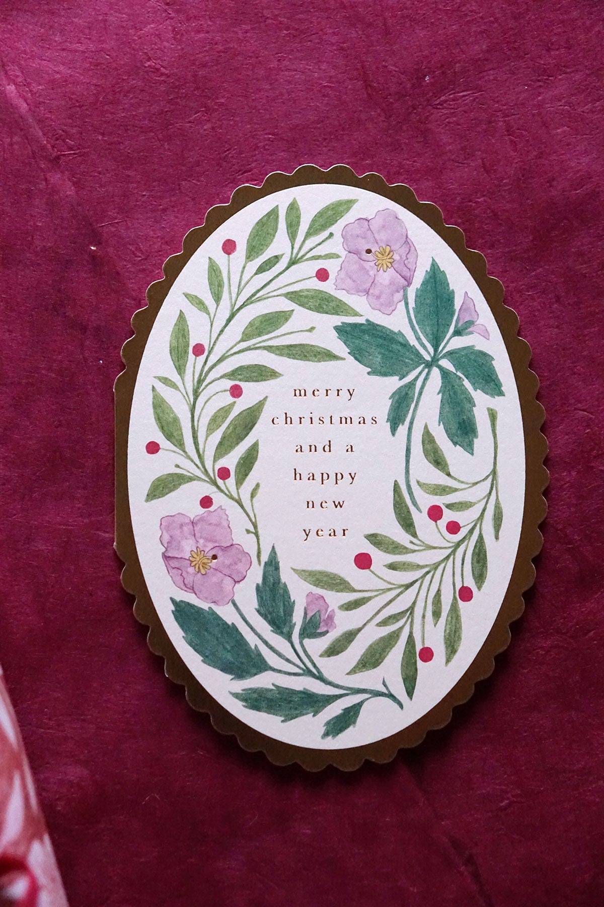 gold foil merry christmas & happy new year card with floral illustration