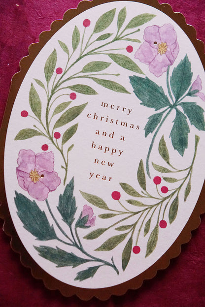 Oval floral merry christmas card - merry christmas & happy new year 