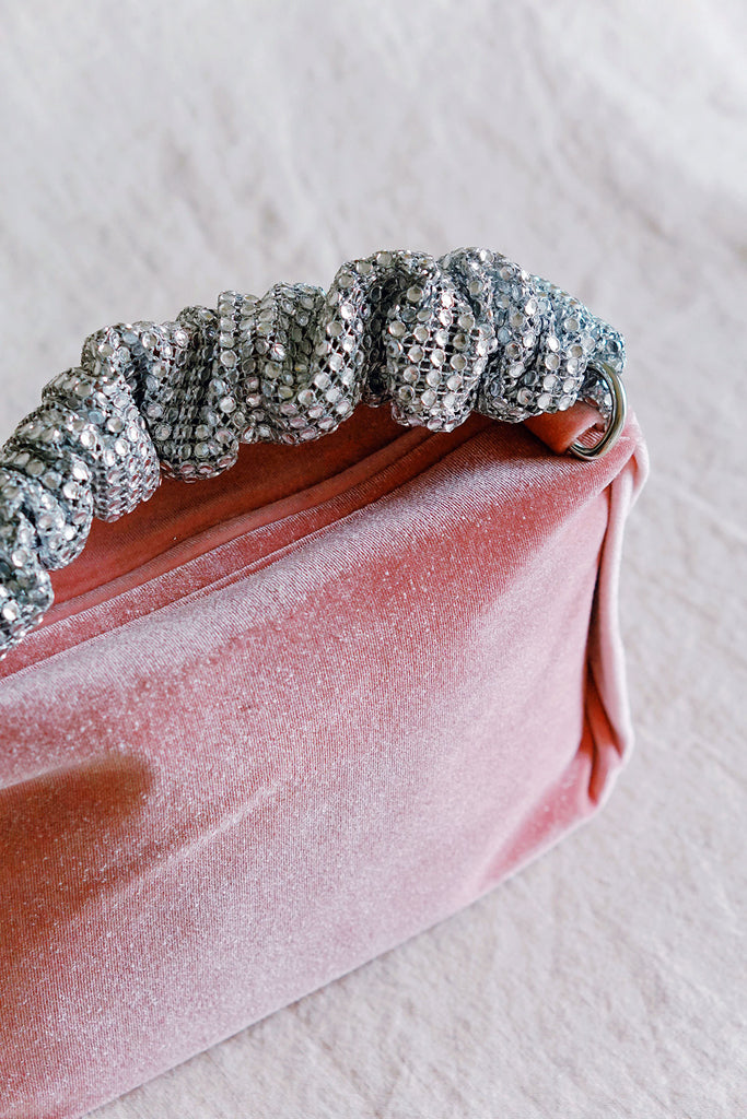 silver and blush velvet clutch from melie bianco on wallflower shop