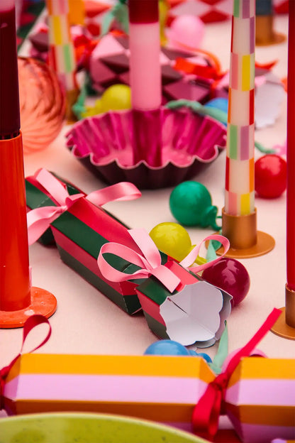 Colorful tablescape with Christmas crackers