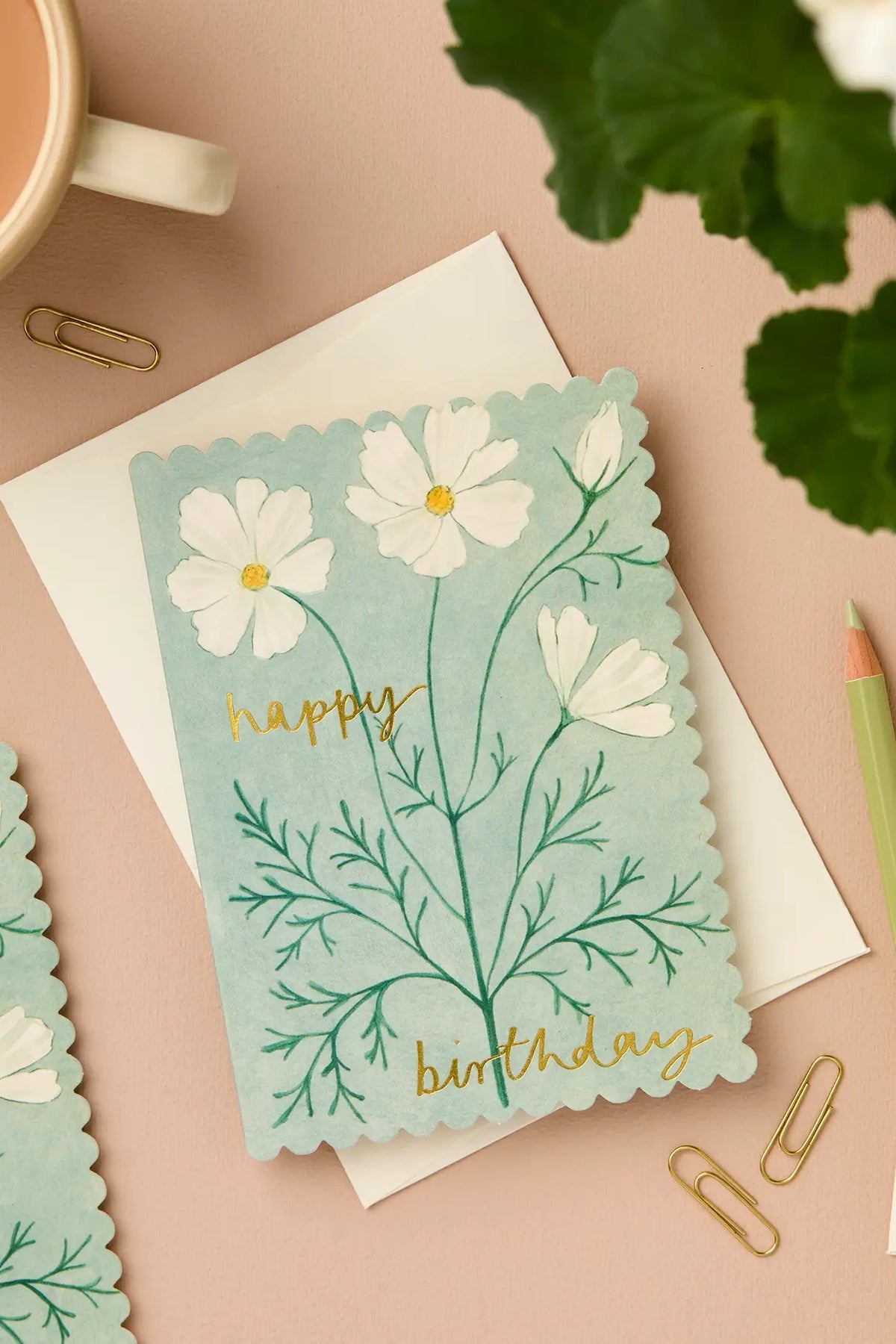 gold foil happy birthday floral birthday card with cosmos flowers - blank inside