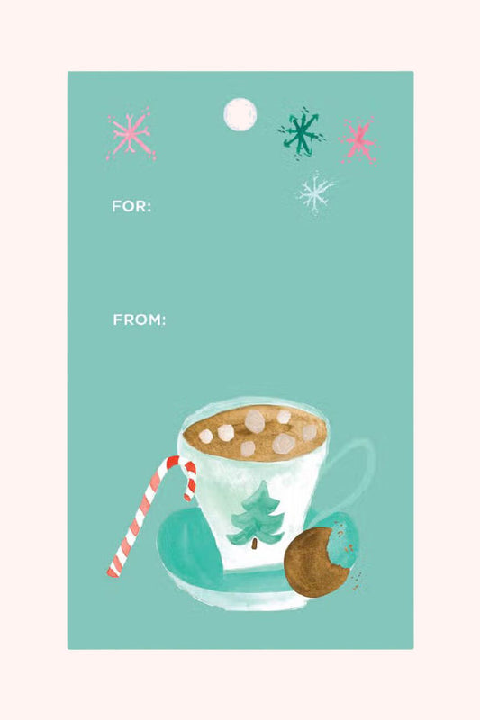 cozy pastel christmas gift tags with hot cocoa illustration