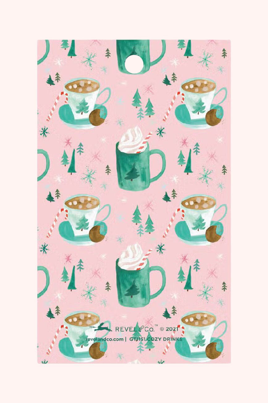 cozy pastel christmas gift tags with hot cocoa illustration