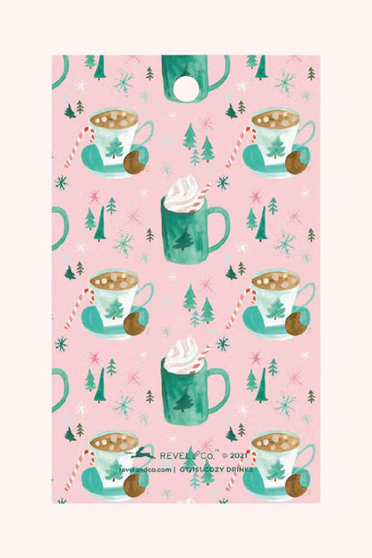 cozy pastel christmas gift tags with hot cocoa illustration