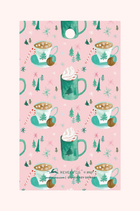 cozy pastel christmas gift tags with hot cocoa illustration