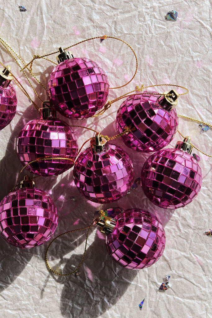 set of 8 mini pink disco ball ornaments shimmering in the sunlight ✿ shop wallflower