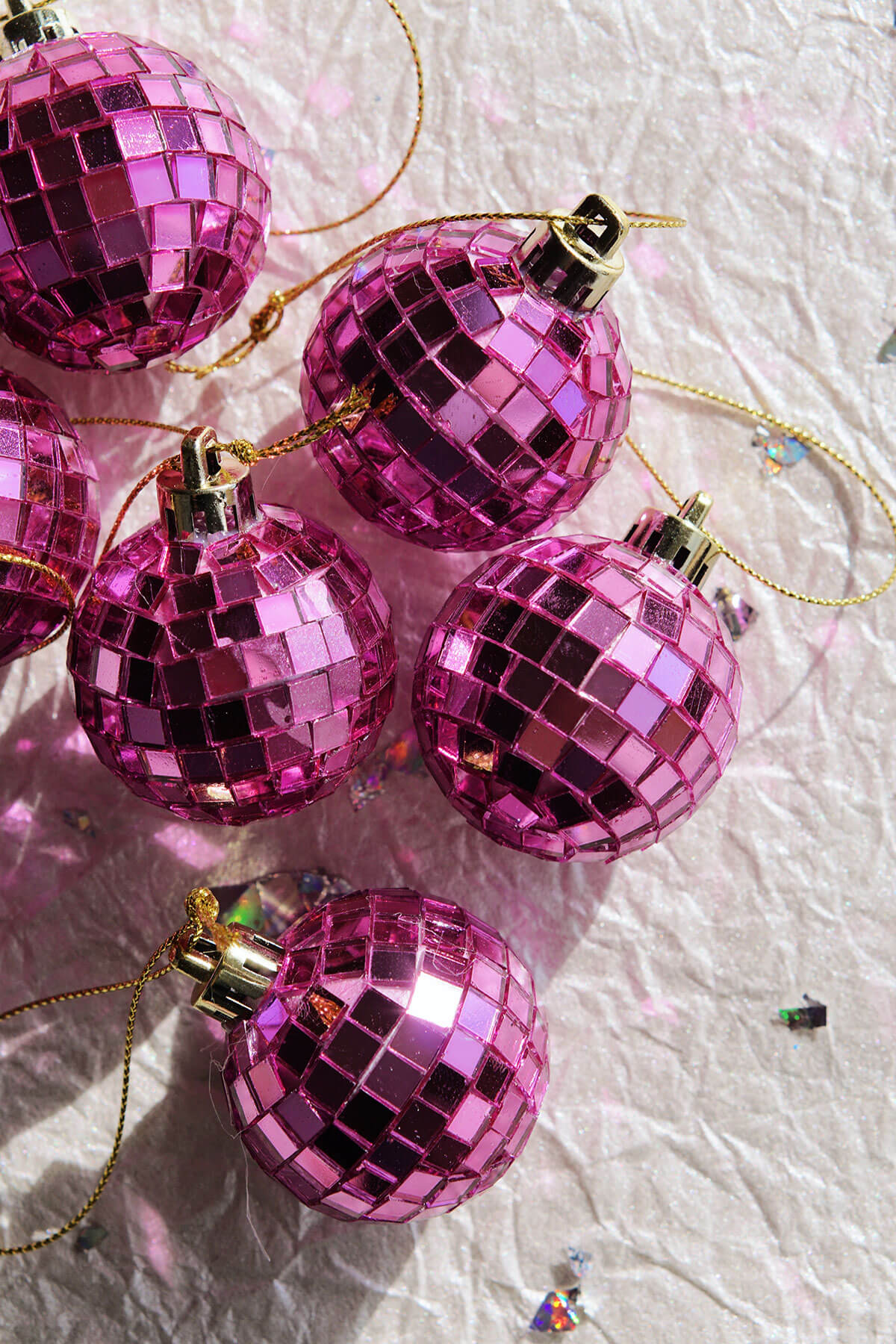 set of 8 mini pink disco ball ornaments shimmering in the sunlight ✿ shop wallflower