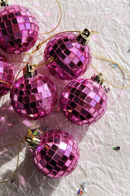 set of 8 mini pink disco ball ornaments shimmering in the sunlight ✿ shop wallflower