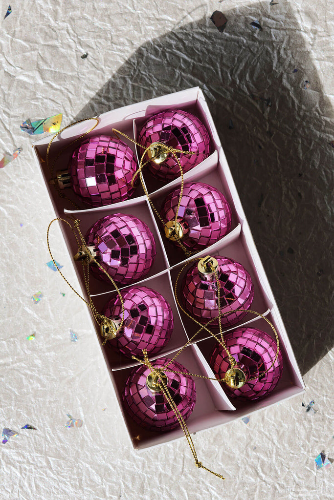 set of 8 mini pink disco balls shimmering in the sunlight ✿ shop wallflower