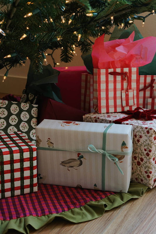 whimsical christmas wrapping paper with illustrated ducks under tree - shop cute gift wrap on wallflower