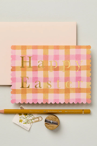 Orange and pink gingham happy Easter Card with scallop edge & gold foil - Buy 4 cards + get 1 free from wallflower shop