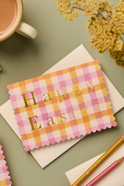 Orange and pink gingham happy Easter Card with scallop edge & gold foil - Buy 4 cards + get 1 free from wallflower shop