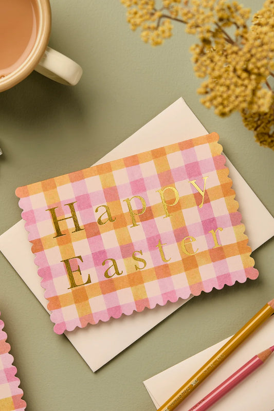 Orange and pink gingham happy Easter Card with scallop edge & gold foil - Buy 4 cards + get 1 free from wallflower shop