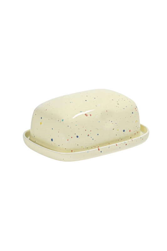 pale yellow butter dish with handpainted speckles by egg back home  ✿ shop artisan home goods on wallflower