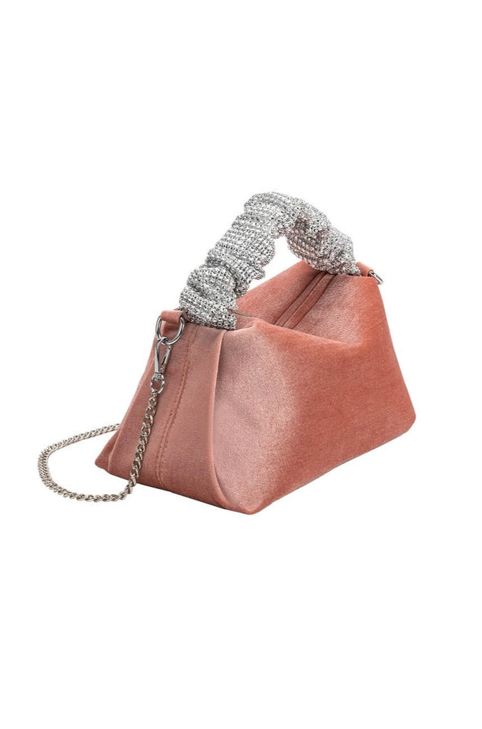 velvet top handle bag in pink and silver