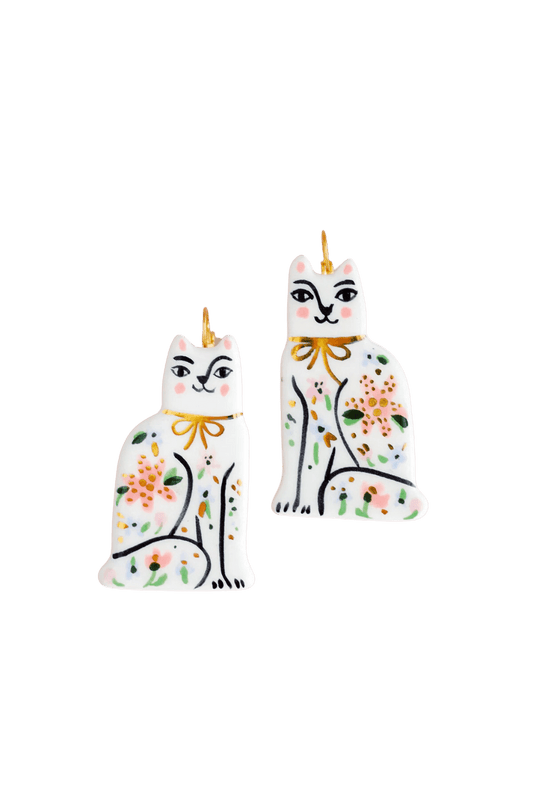 Floral Ceramic Cat Earrings