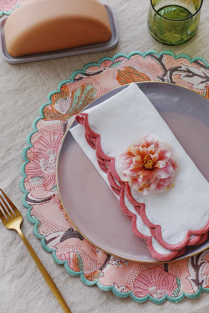 Floral Pink Scalloped Placemats with linen napkins from wallflower
