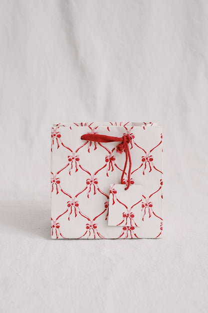 Block Printed Small Christmas Gift Bag with Red Bows