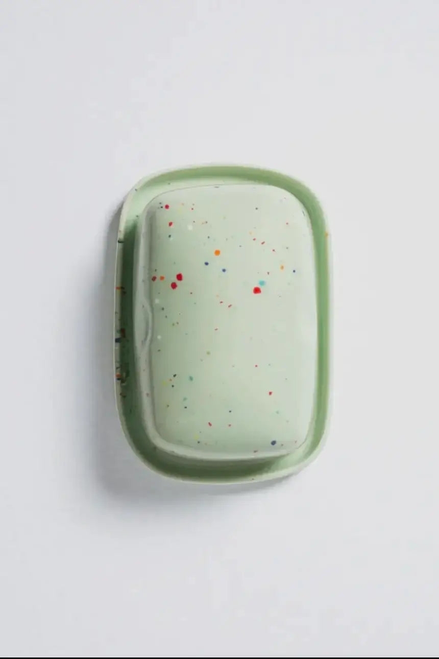 handmade butter dish in green speckles by egg back home