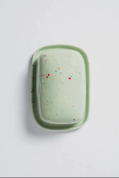 handmade butter dish in green speckles by egg back home