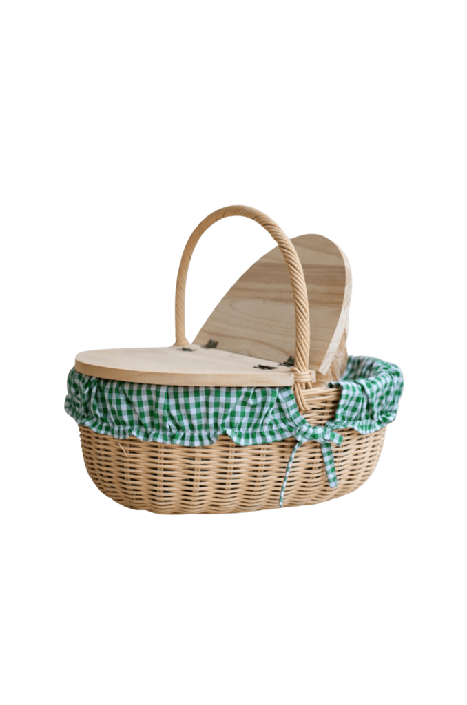 green gingham rattan spring picnic basket
