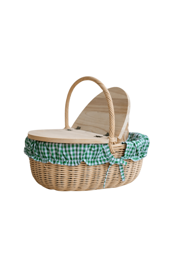 spring picnic basket green gingham rattan picnic basket Studio Wallflower