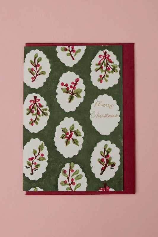 Holly Green Block Print Merry Christmas Card - Shop Unique Christmas cards on wallflower
