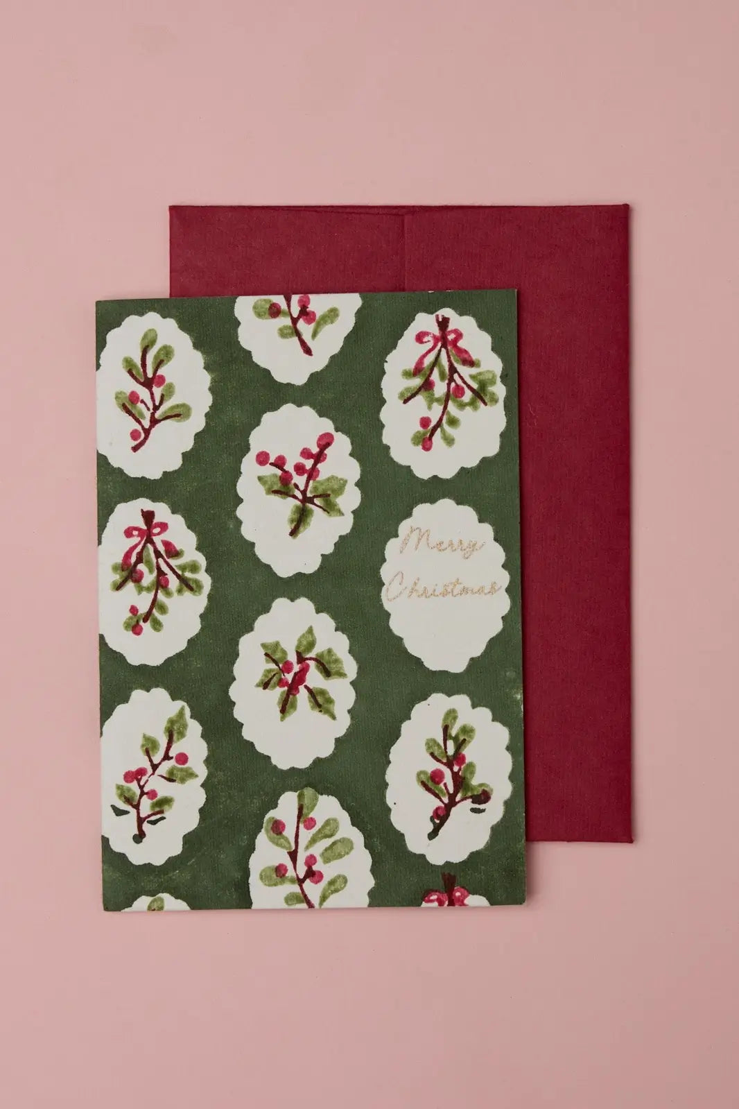 Holly Green Block Print Merry Christmas Card - Shop Eco Friendly Greeting Cards on wallflower