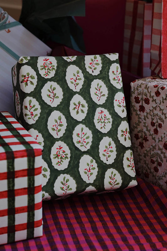 Present Wrapped with Block Printed Holly Christmas Wrapping Paper Green