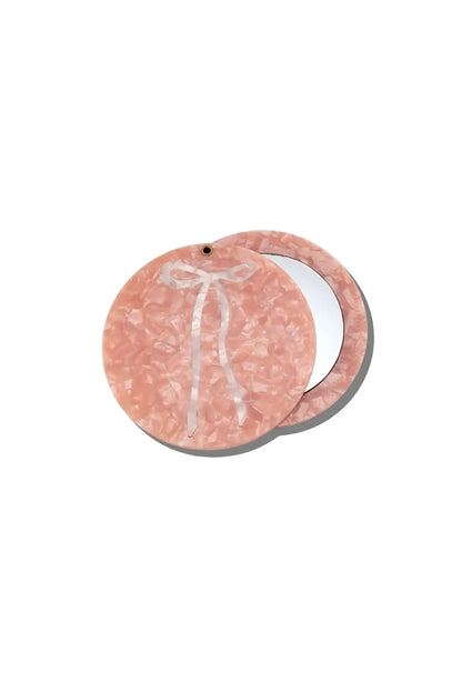 Round pink bow balletcore compact mirror for purse or travel - made of acetate