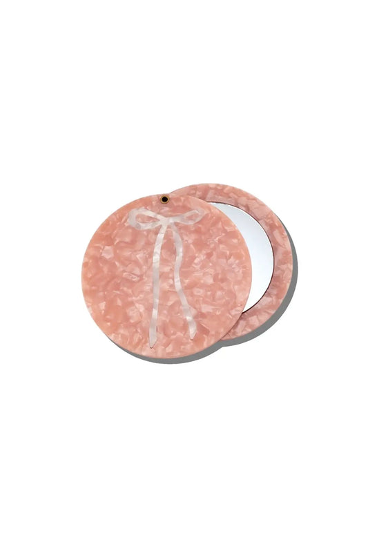 Round pink bow balletcore compact mirror for purse or travel - made of acetate