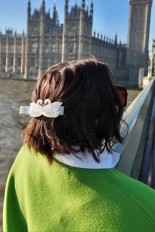 woman wearing cute swan hair clip with short hairstyle - shop small gift ideas for women on wallflower