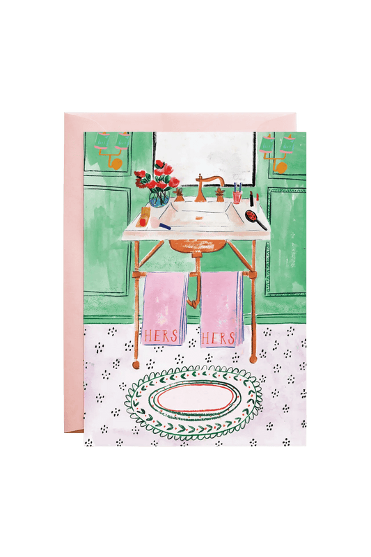 pink lesbian wedding card with hers and hers towels in bathroom vanity illustration