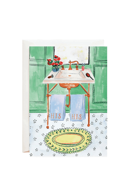 gay wedding card illustration of bathroom with his and his towels