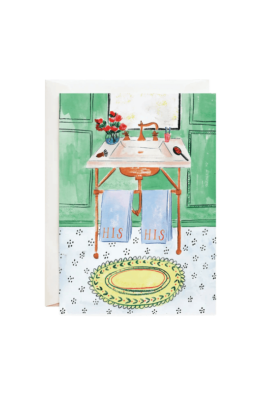 gay wedding card illustration of bathroom with his and his towels