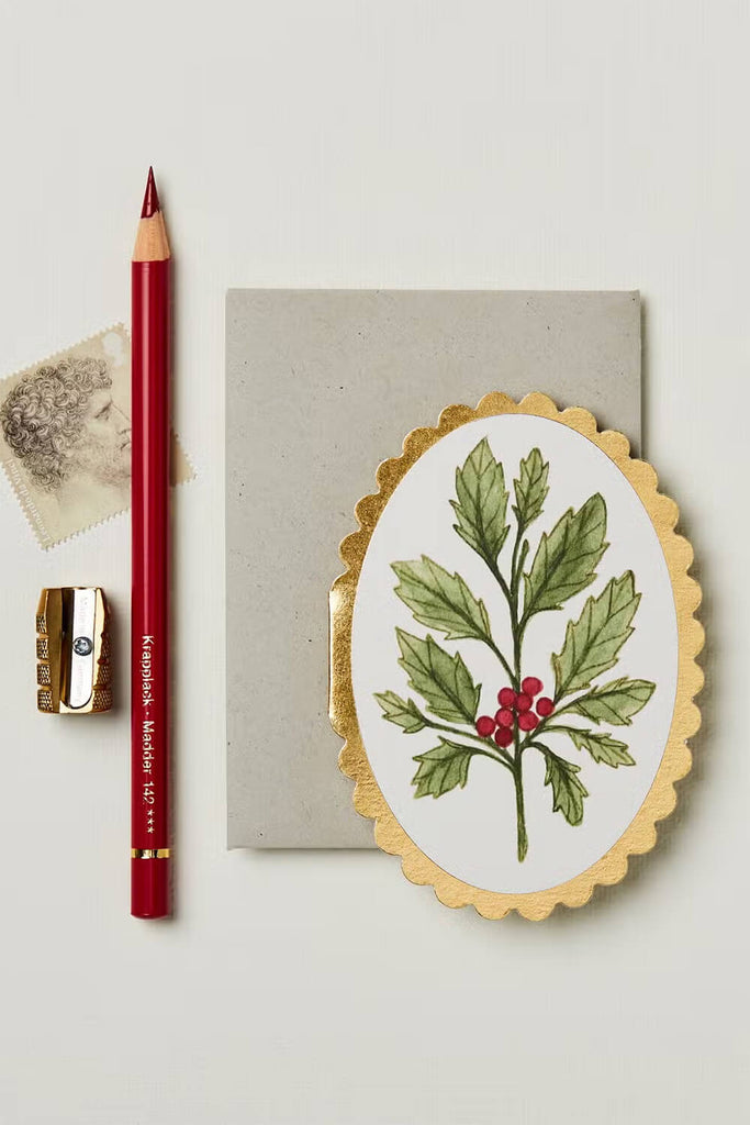 holly mini christmas card or foldable gift tag for holiday wrap