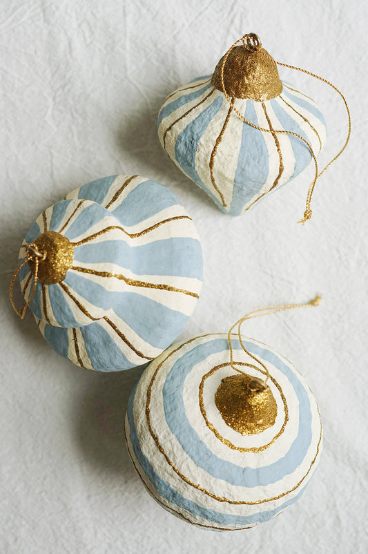 striped blue christmas baubles • shop collectible ornaments on wallflower